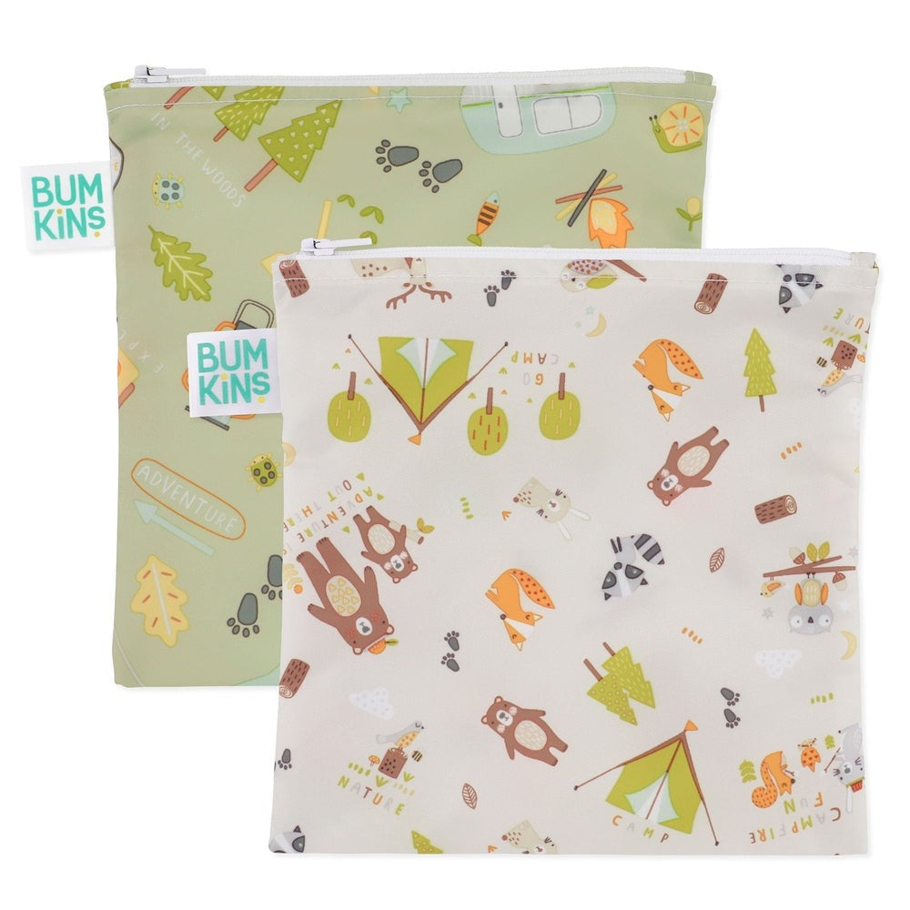 Bumkins large snack bags 2-pack, happy campers woodland print, reusable fabric
