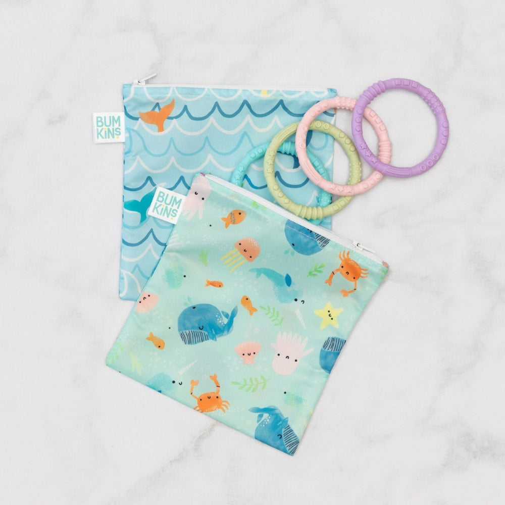 Bumkins large snack bags 2-pack Ocean Life in turquoise with pastel sea creatures