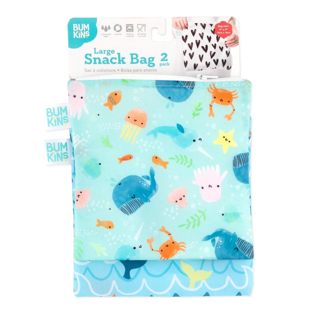 Bumkins Large Snack Bag 2-pack Ocean Life in turquoise with sea creature print