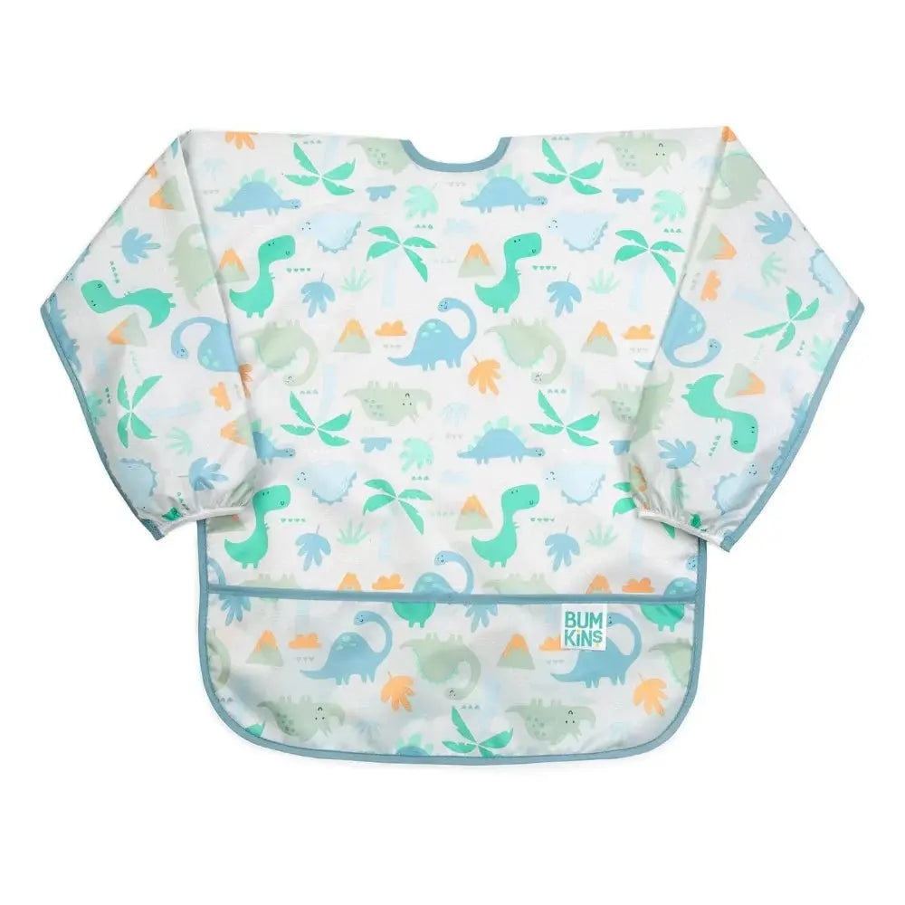 BUMKINS Long Sleeved Smock Bib in pastel dinosaur print; sleeves protect clothing while front pocket catches spills.