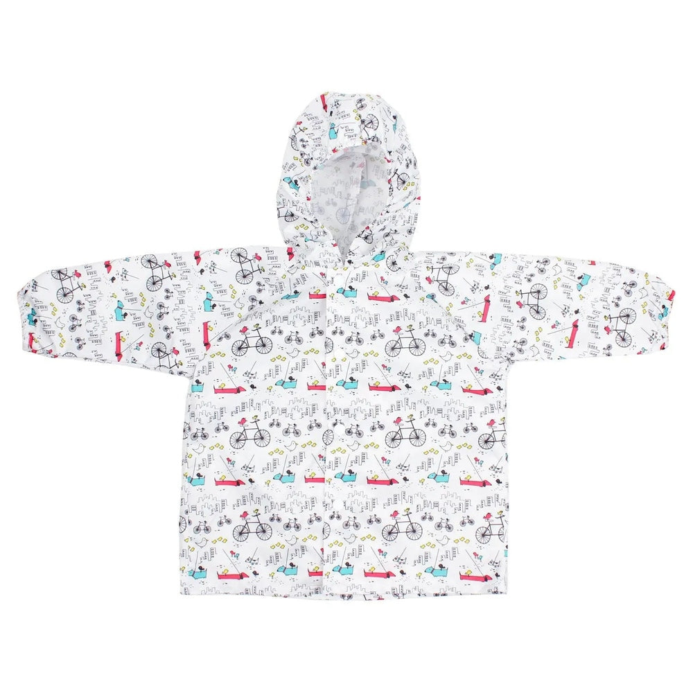 Bumkins Rain Jacket with hood; white fabric with colorful bicycles, laid flat with sleeves extended.