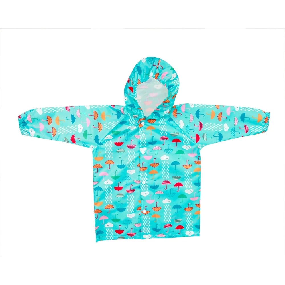 BUMKINS Rain Jacket turquoise with umbrella print, hood up and sleeves spread wide.
