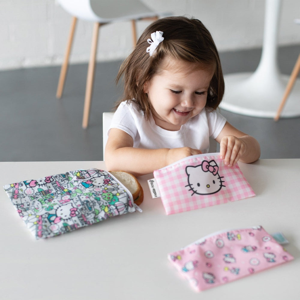 BUMKINS Hello Kitty reusable snack bags, set of 3 in pink gingham featuring Hello Kitty face