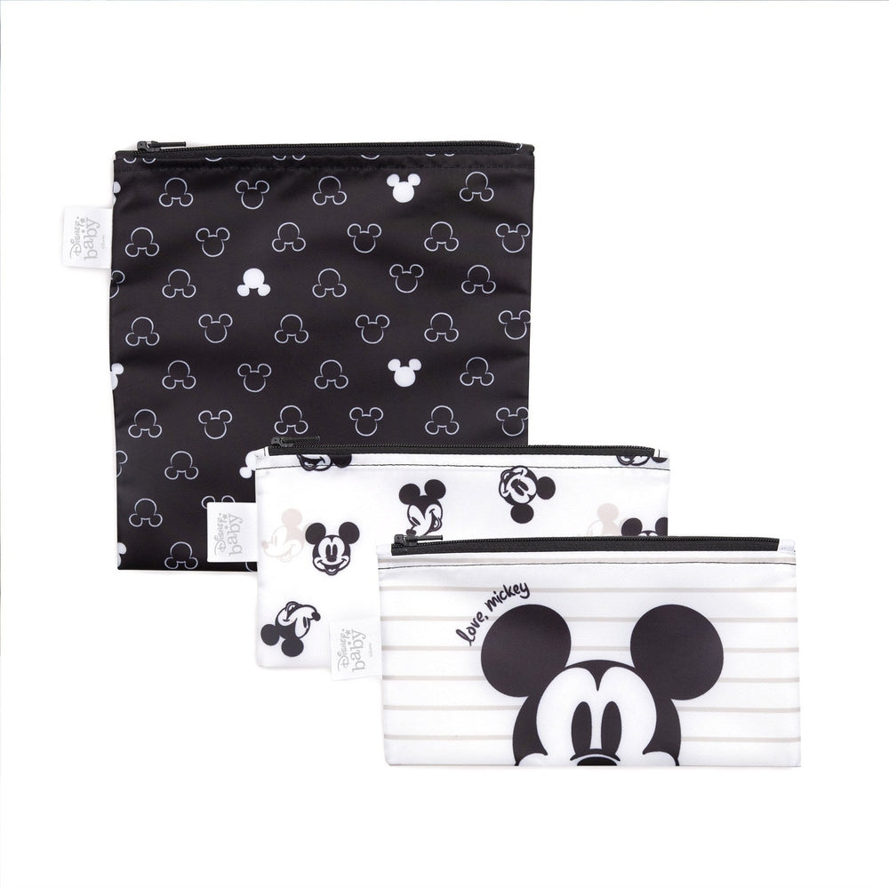 Bumkins reusable snack bag 3-pack Love Mickey featuring black, white and striped Mickey patterns