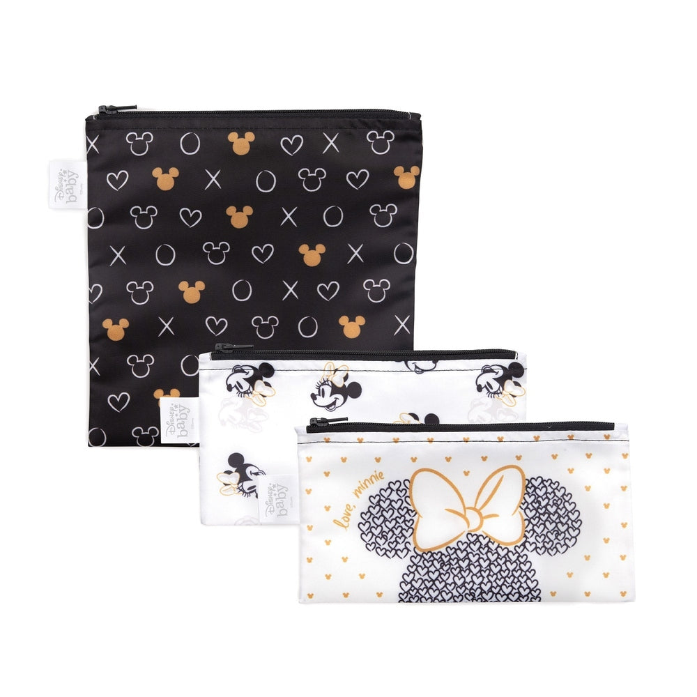 Bumkins 3-pack reusable snack bags in Love Minnie print: black icon bag, white Minnie print, white bow motif