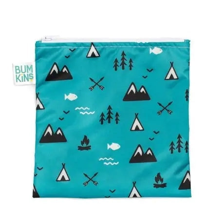 Bumkins Reusable Snack Bag Large turquoise with mountain print, zipped closed and flat for snacks.