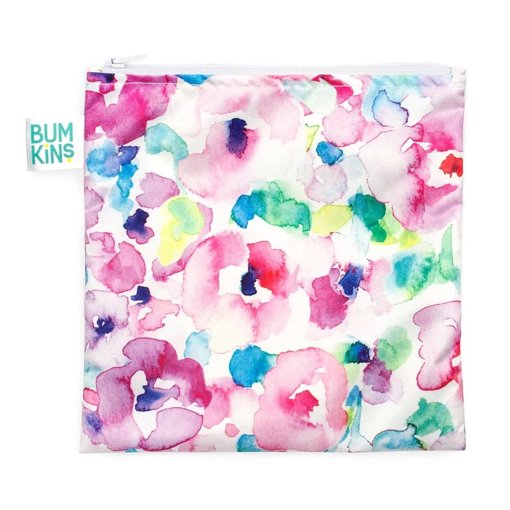 Bumkins Reusable Snack Bag Large in bright watercolor print with logo tag and zip closure keeps snacks fresh.