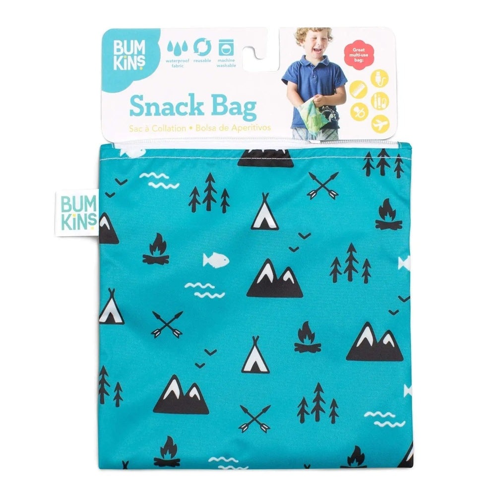 BUMKINS Reusable Snack Bag Large turquoise camping print bag shown flat, tag visible.