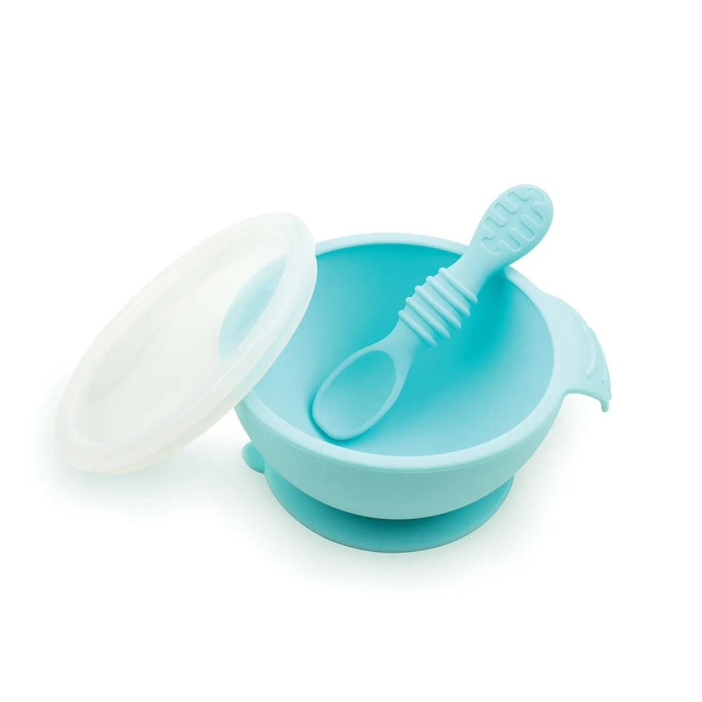 BUMKINS Silicone First Feeding Set; sky blue bowl with lid and ridged spoon ready for first bites.