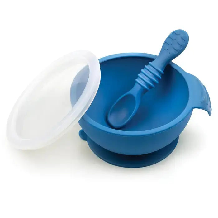 Bumkins Silicone First Feeding Set: blue bowl with lid and spoon, spoon resting inside for baby's meals