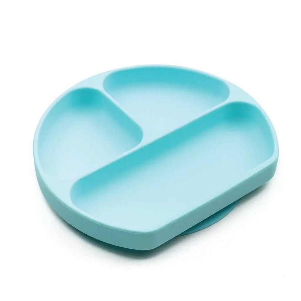 Bumkins Silicone Grip Dish light blue three-compartment baby feeding plate with non-slip base kept steady on table