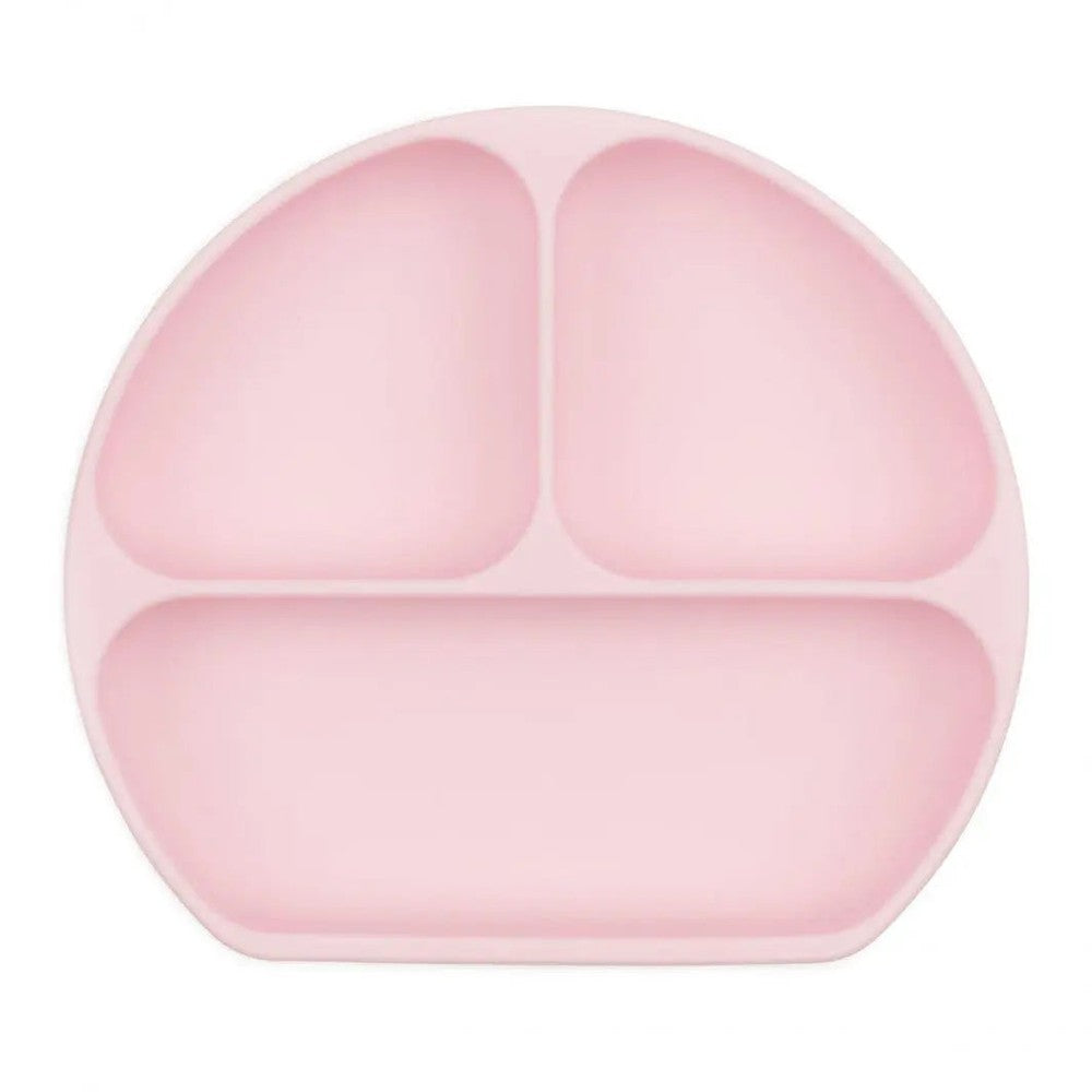 Bumkins Silicone Grip Dish pink three-section baby feeding plate keeps foods separated on the table.