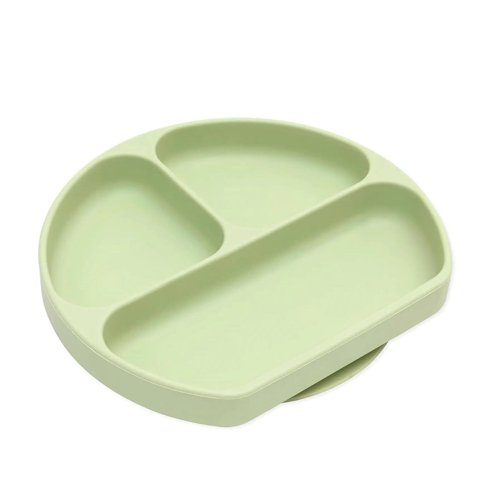 BUMKINS Silicone Grip Dish, light green, showing three compartments and rounded edges for toddler meals.