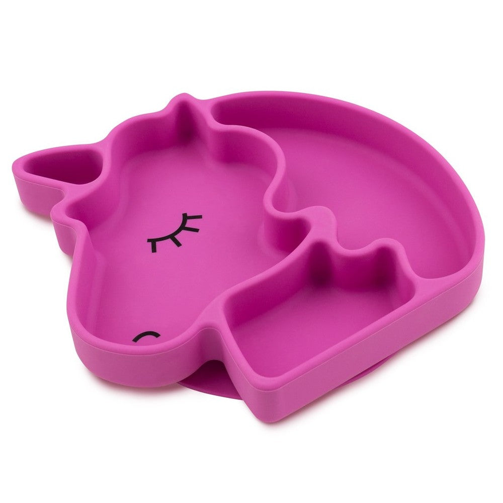 BUMKINS Silicone Grip Dish Unicorn in pink; a unicorn-shaped plate with three compartments ready for mealtime.