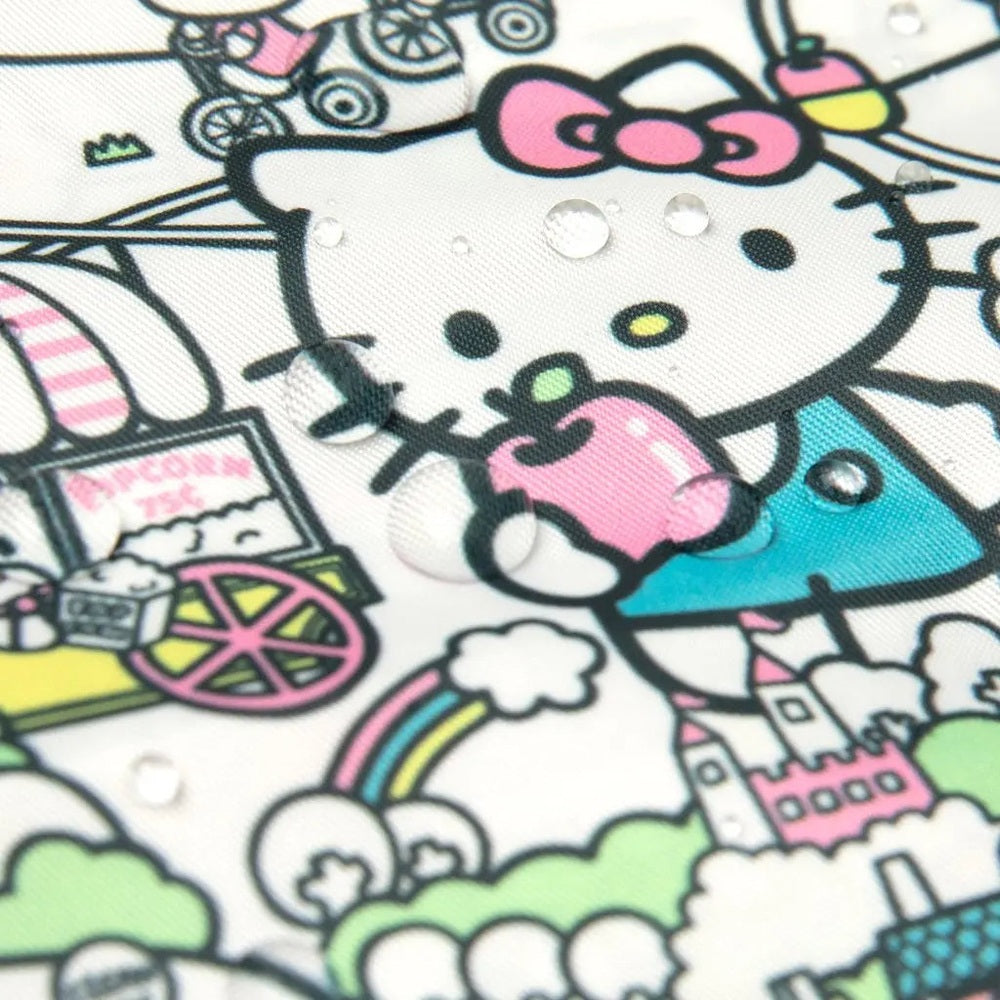 Bumkins Sleeved Bib with Hello Kitty print in pink, turquoise, rainbow; sleeves shield outfits during meals.