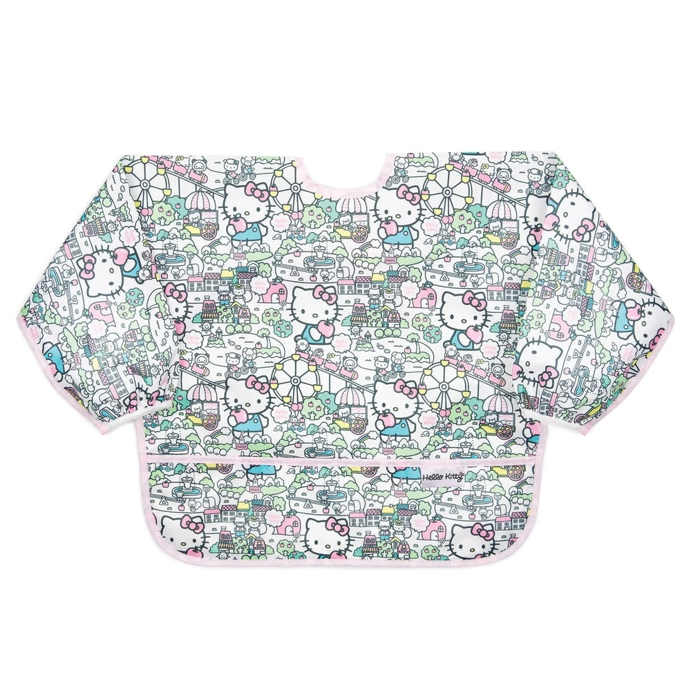 BUMKINS Sleeved Bib in pastel Hello Kitty print; long sleeves protect clothes during mealtime.