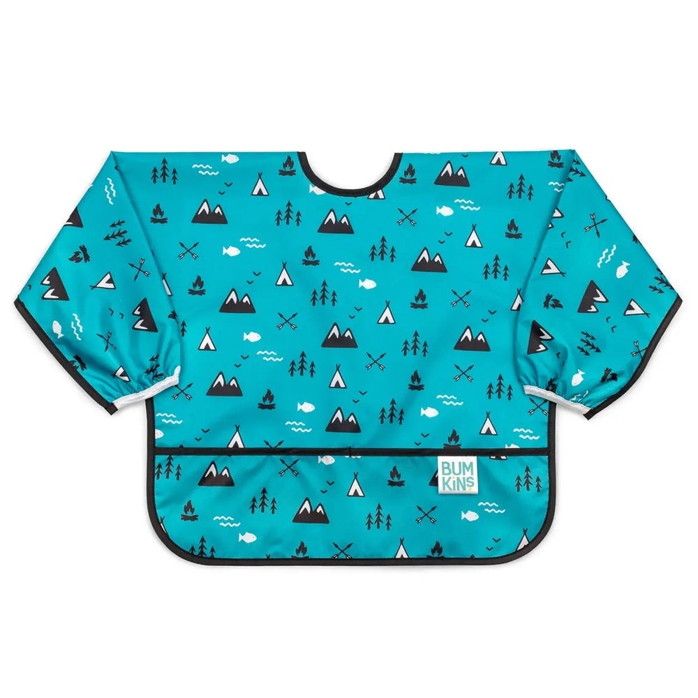 Bumkins Sleeved Bib in turquoise with black trim and mountain forest print, includes front pocket.