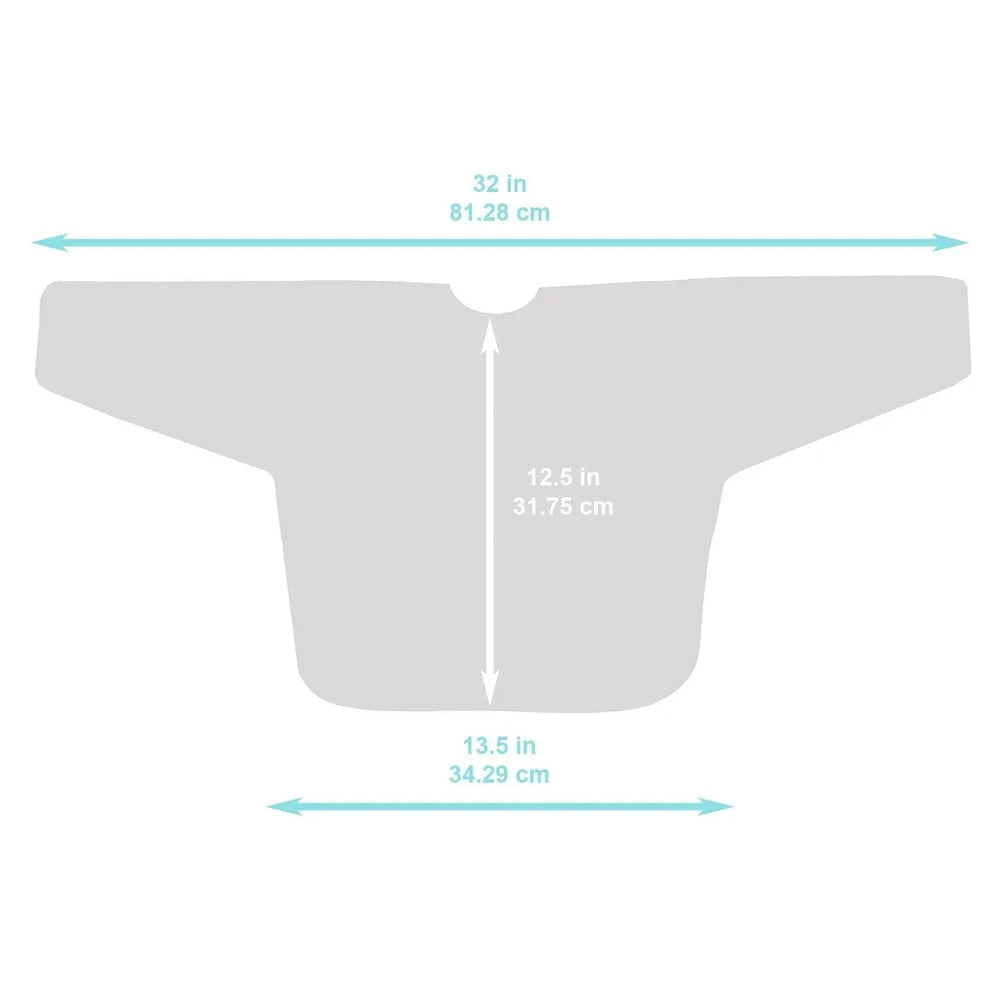 Bumkins Sleeved Bib, gray, sleeves for catching spills; 32 in wide, 12.5 in tall.