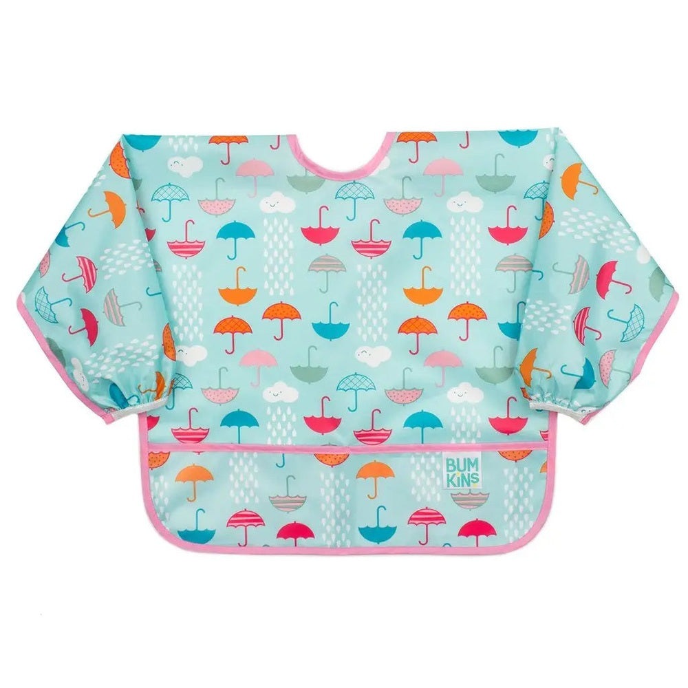 Bumkins Sleeved Bib in pastel aqua umbrella print with pink trim; long sleeves keep outfits clean.