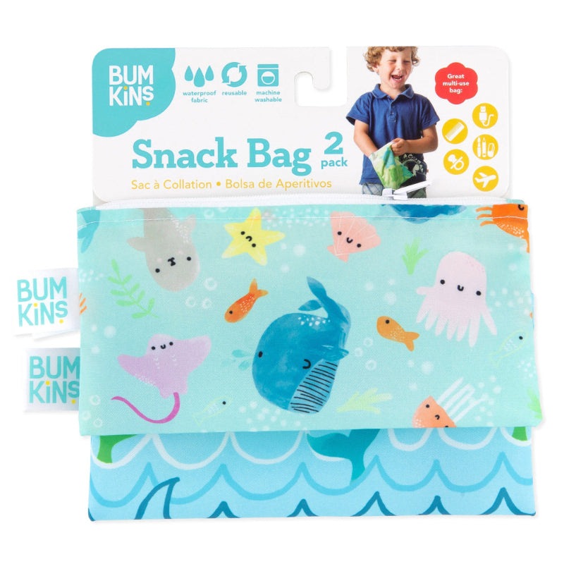 Bumkins small snack bag 2-pack, ocean life print on reusable fabric featuring sea creatures