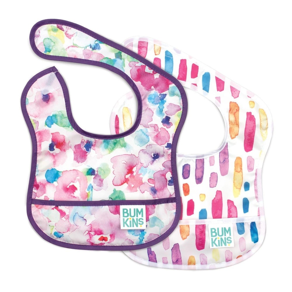 BUMKINS starter bibs 2-pack Watercolour Flower with purple trim; colorful watercolor florals for feeding