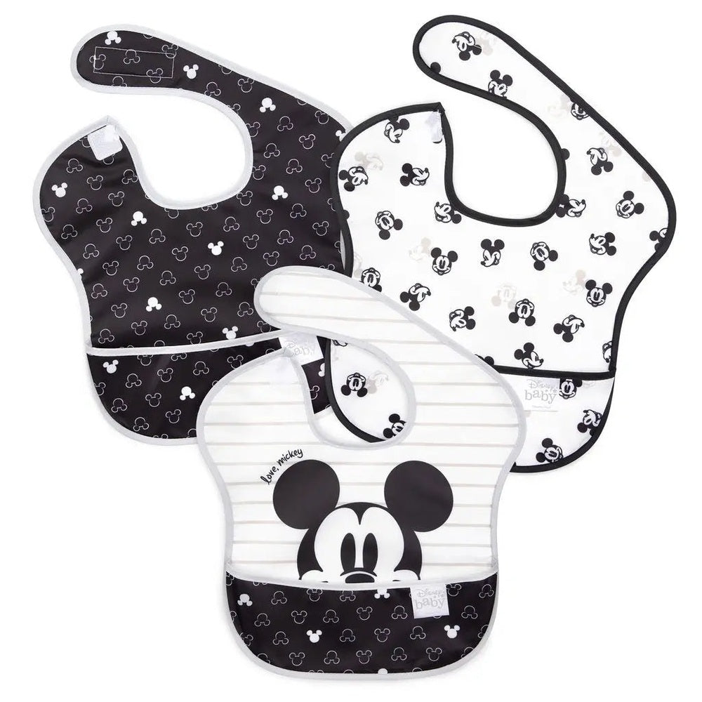 Bumkins Superbib Disney 3 Pk; black-and-white Mickey prints displayed flat for easy cleaning.