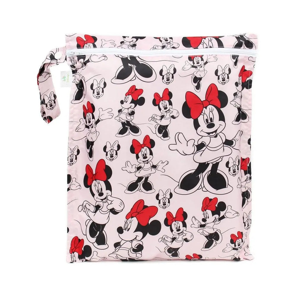 BUMKINS Wet Bag in pink Minnie Mouse print with red bows, zip closure and handle.