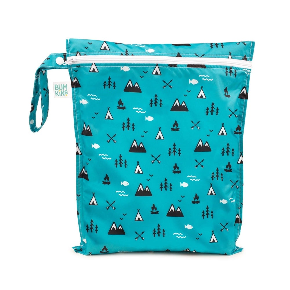BUMKINS Wet Bag Outdoors turquoise waterproof diaper bag with camping tents and pine silhouettes