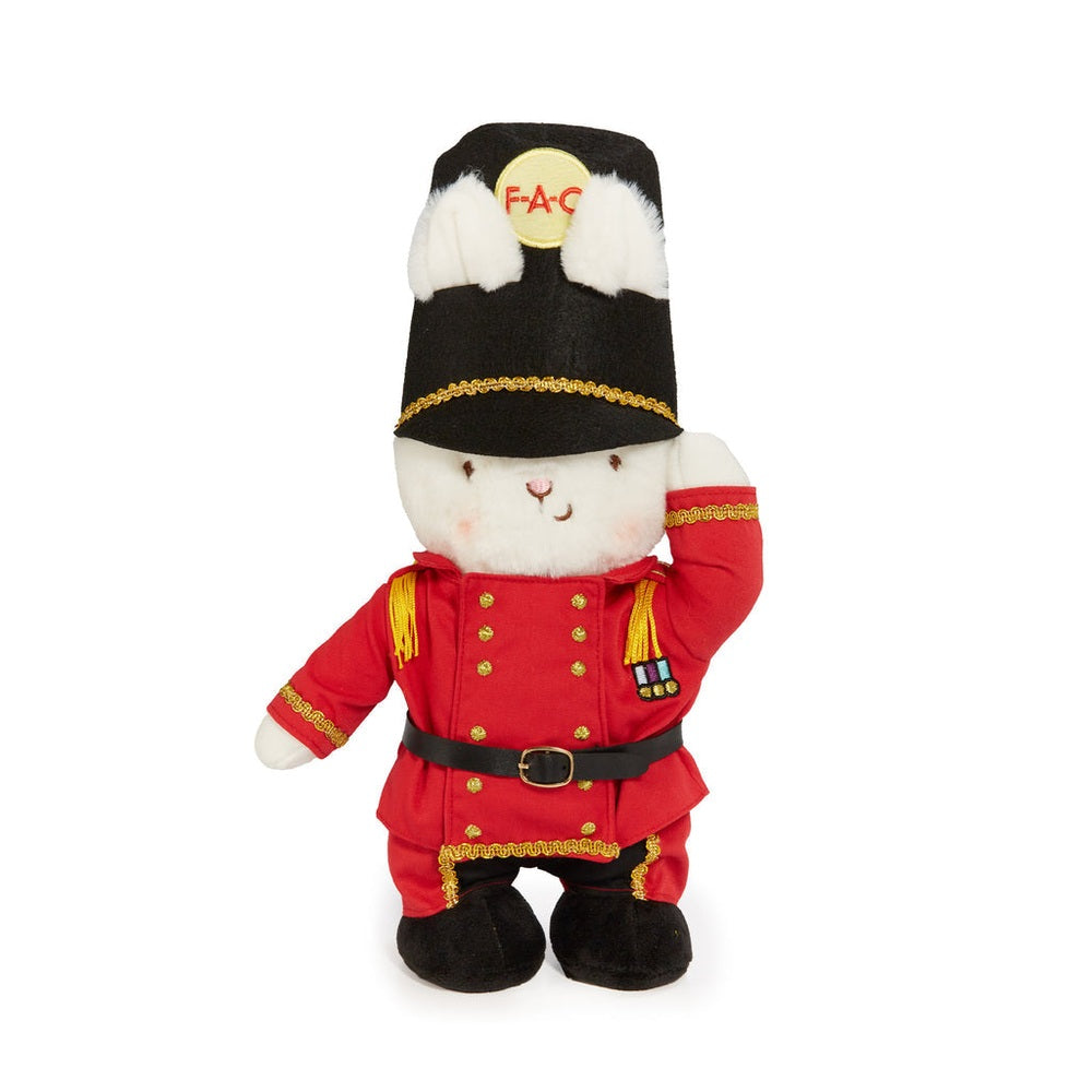 Bunnies By The Bay 13-inch toy soldier bunny plush in red jacket, black hat with FAO insignia, gold trim