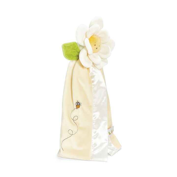 Bunnies By The Bay 16in Daisy Buddy Blanket with cream satin trim and oversized fabric daisy head
