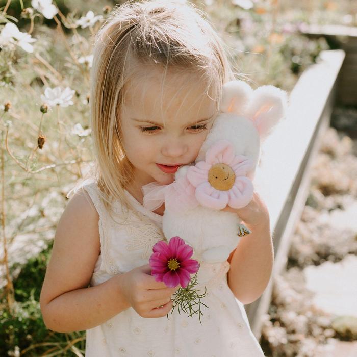 Bunnies By The Bay 7'' Cricket Island Blossom plush bunny with pink flower accessory