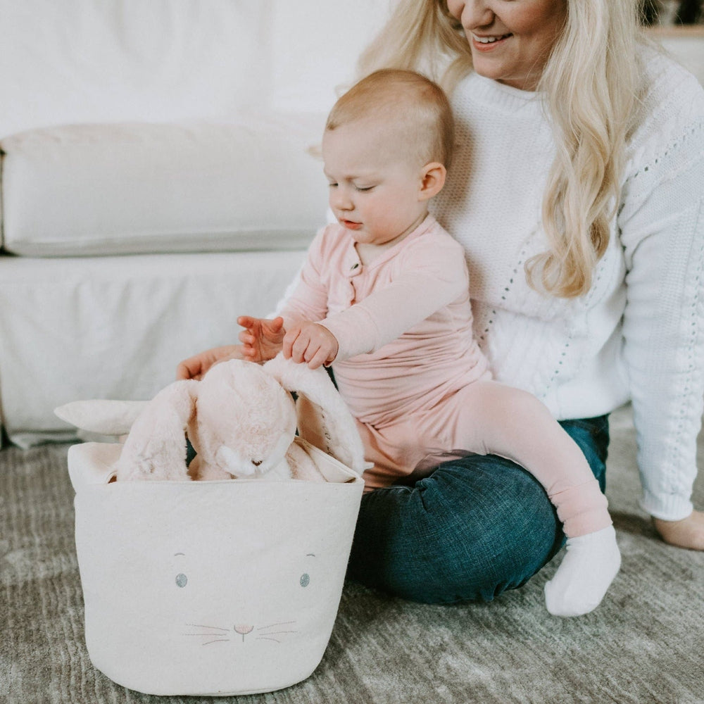 Bunnies By The Bay Bun Bun Bunny Basket Cream containing a soft plush bunny for toddlers