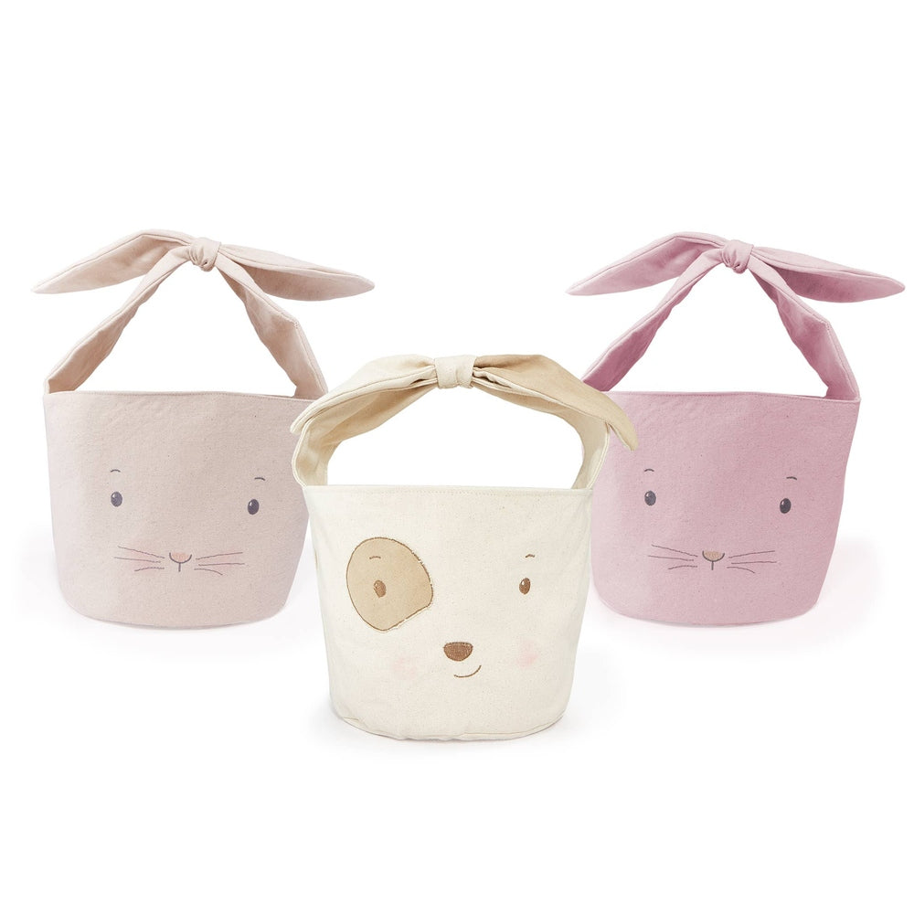 Bun Bun Bunny Basket set of 3 by Bunnies By The Bay in cream, beige and pink with tied fabric handles