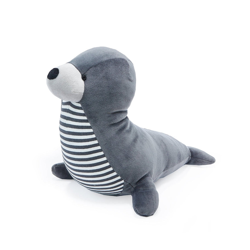 Seamore Seal plush by Bunnies By The Bay, gray body with striped belly.