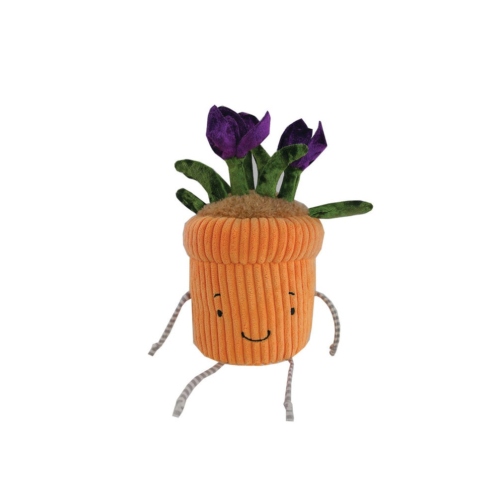Bunnies By The Bay Crocus Plant plush in orange ribbed pot with purple flowers