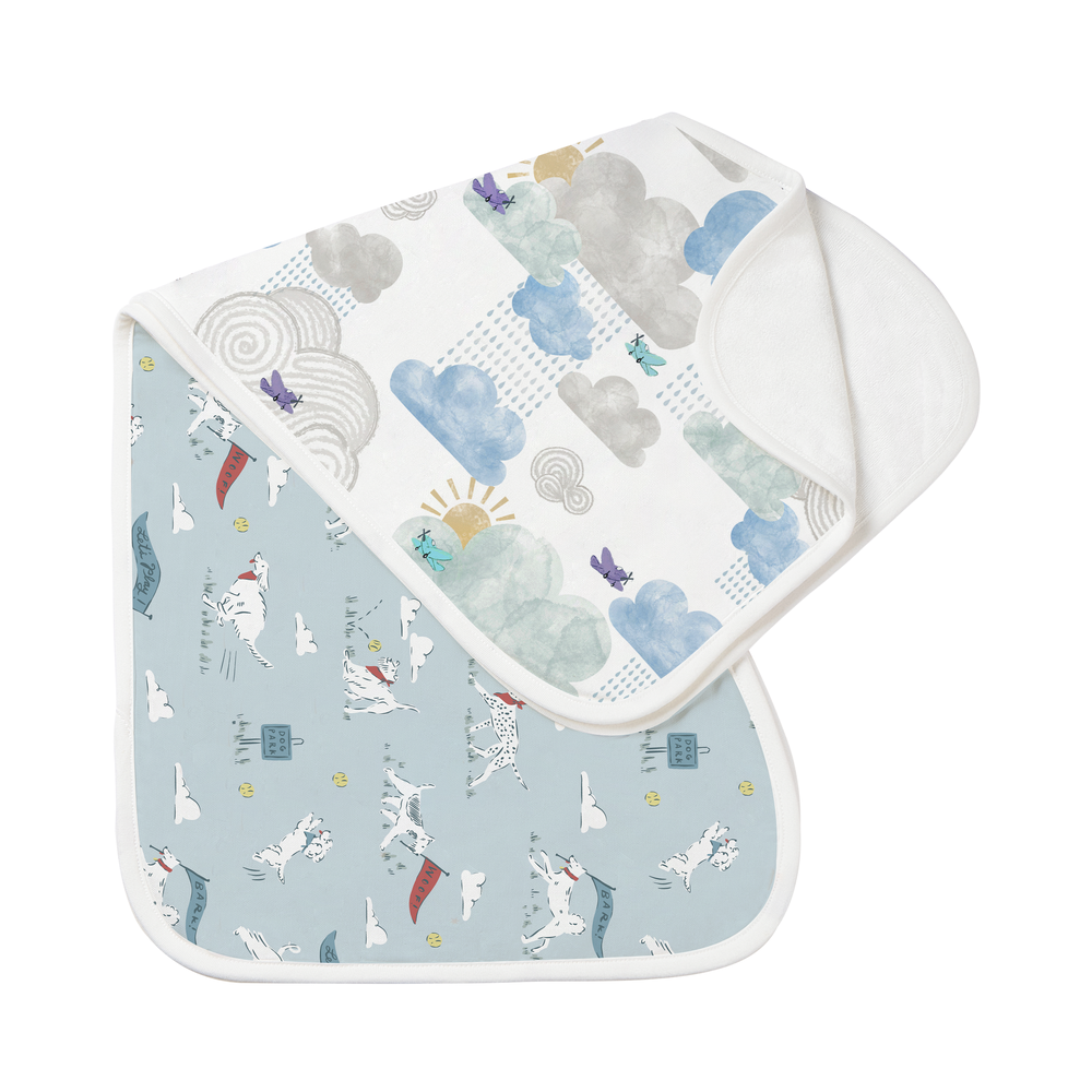 NEST DESIGNS Nest Designs Bamboo Burp 'n Bib 2 Pack Summer Days White piping trim with whimsical cloud and dog patterns img 5/11