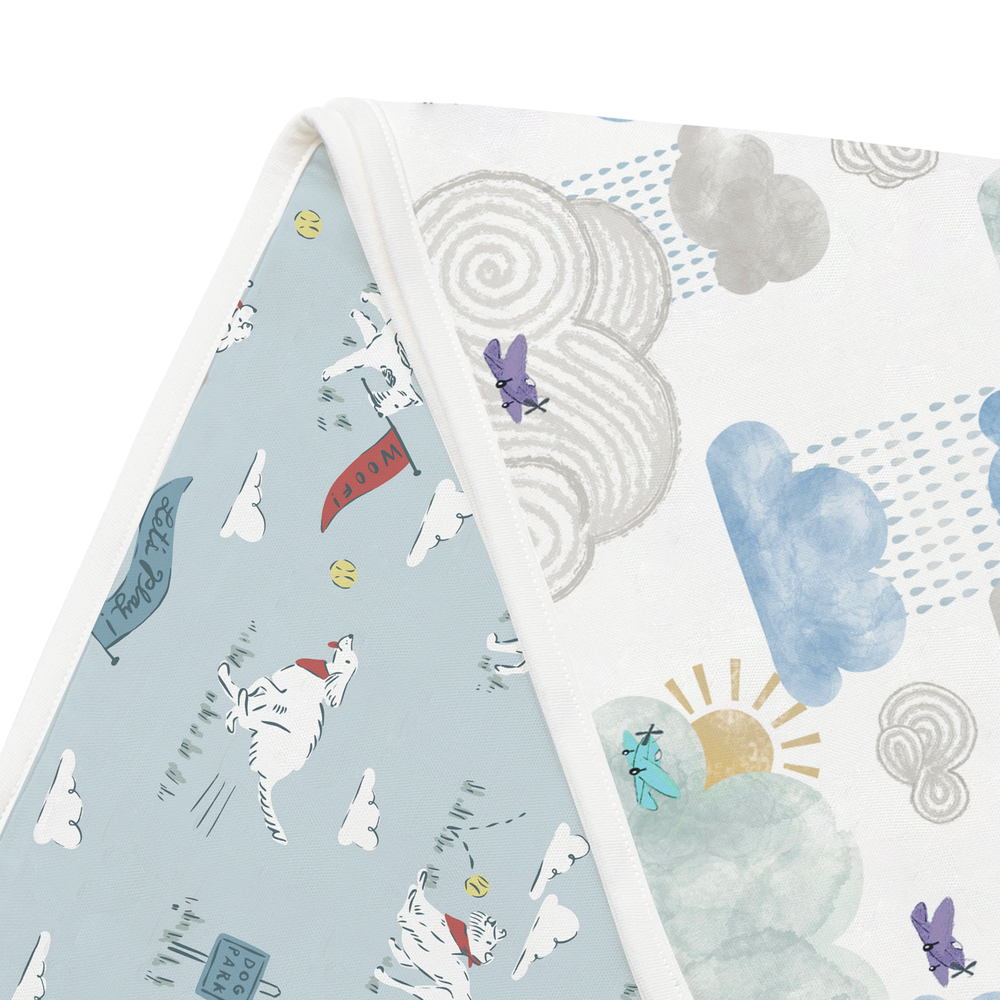 NEST DESIGNS Nest Designs Bamboo Burp 'n Bib 2 Pack Summer Days white binding trim with dog and cloud patterns img 9/11