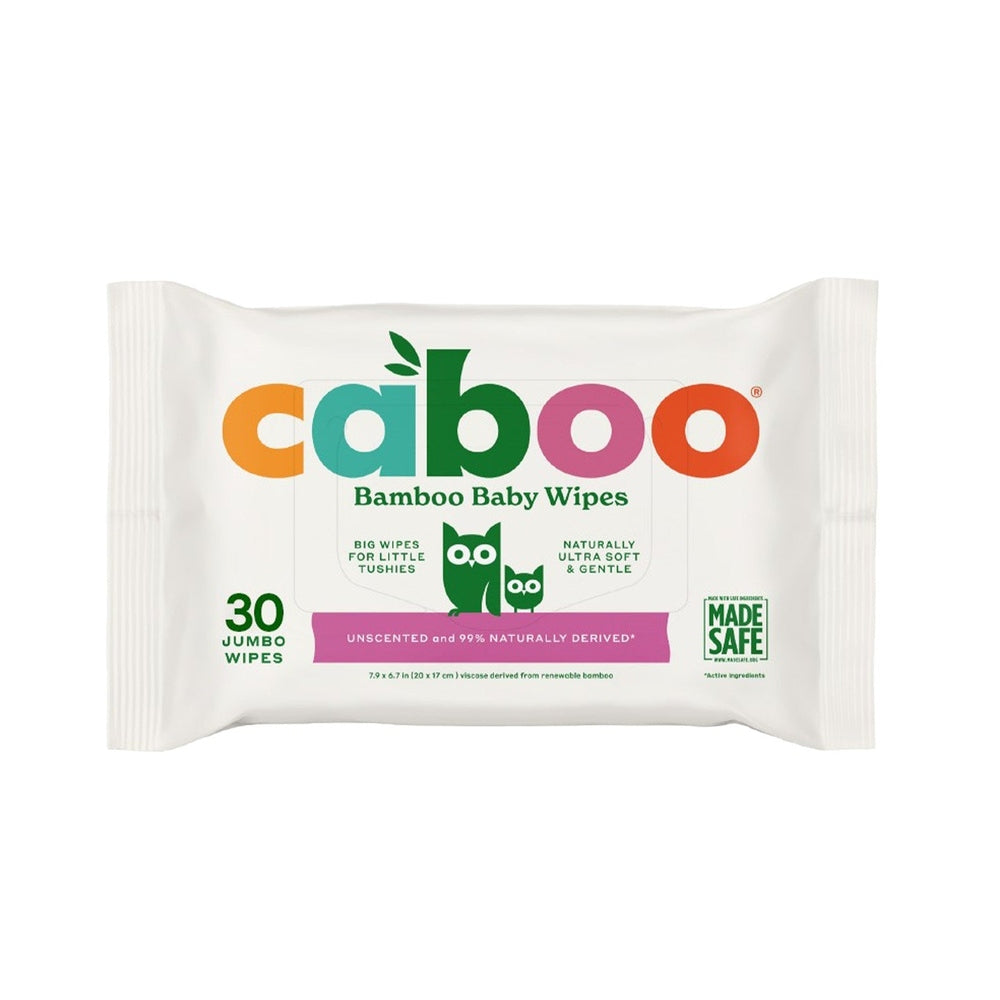 CABOO Bamboo Baby Wipes package on white background, 30 jumbo wipes, unscented and bamboo-derived.
