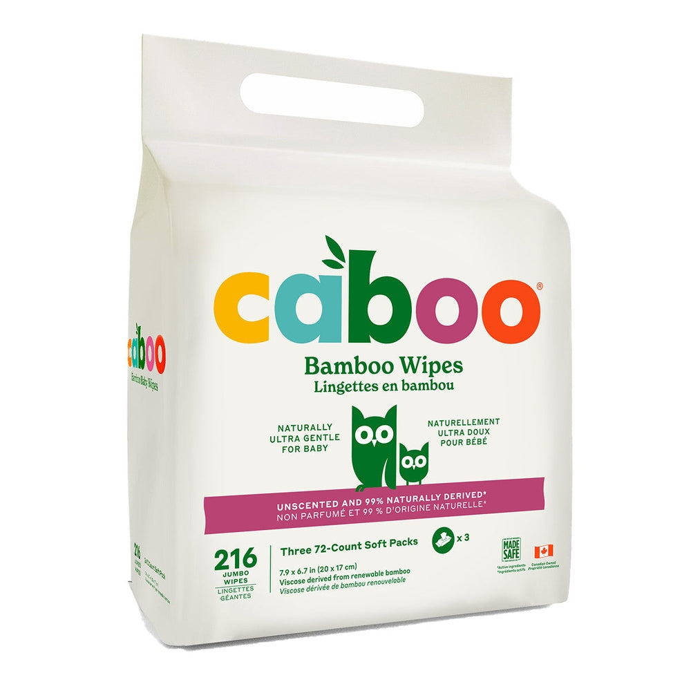 CABOO Bamboo Baby Wipes package showing three 72-count packs totaling 216 unscented bamboo wipes.