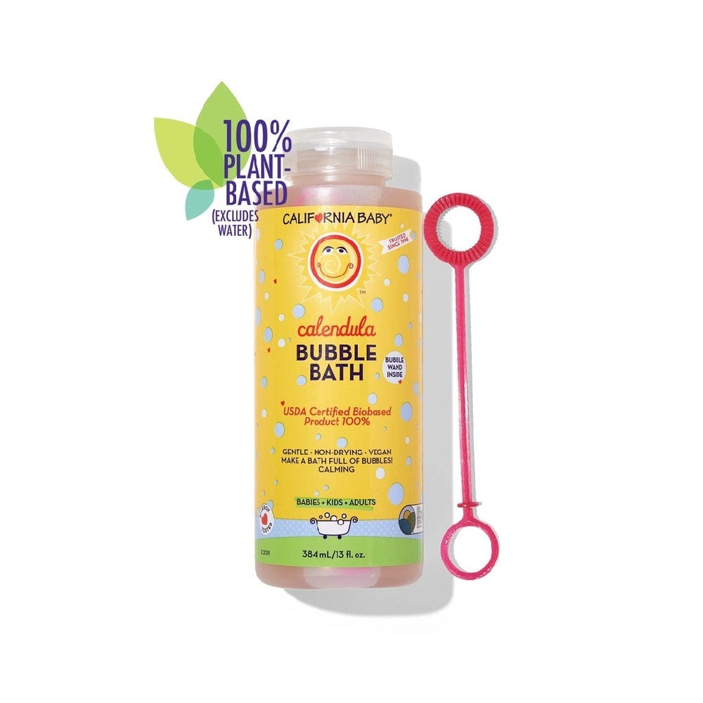 California Baby Calendula Bubble Bath 13 oz bottle with pink bubble wand, 100% plant-based gentle calming bath for babies