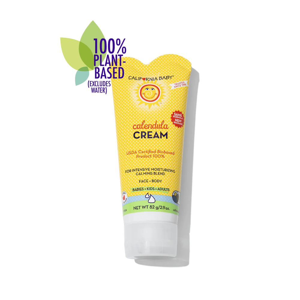 California Baby Calendula Cream tube in bright yellow polka-dot packaging, 82 g, 100% plant-based formula.