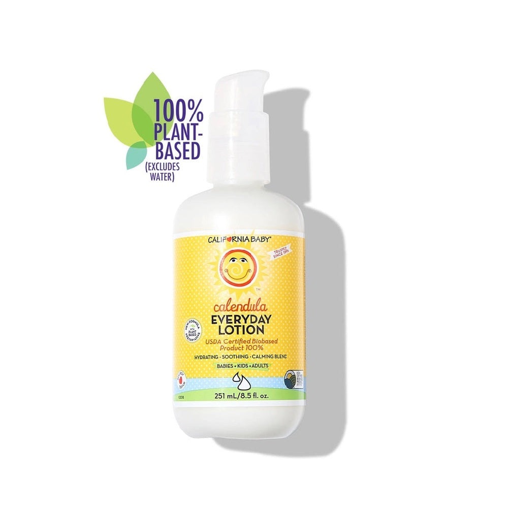 California Baby Calendula Everyday Lotion bottle, yellow label, 251 mL (8.5 fl oz), 100% plant-based