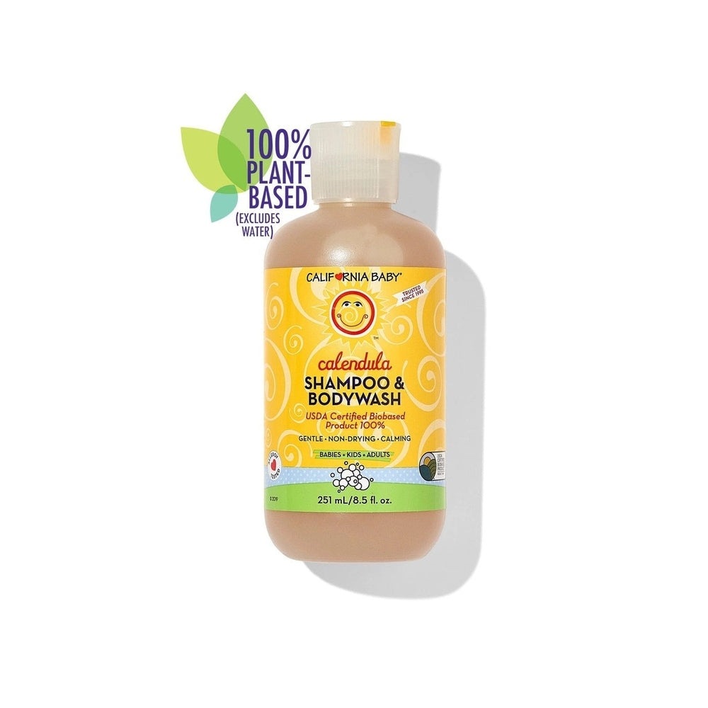 California Baby Calendula Shampoo & Bodywash bottle with yellow label, 251 mL, 100% plant-based formula.