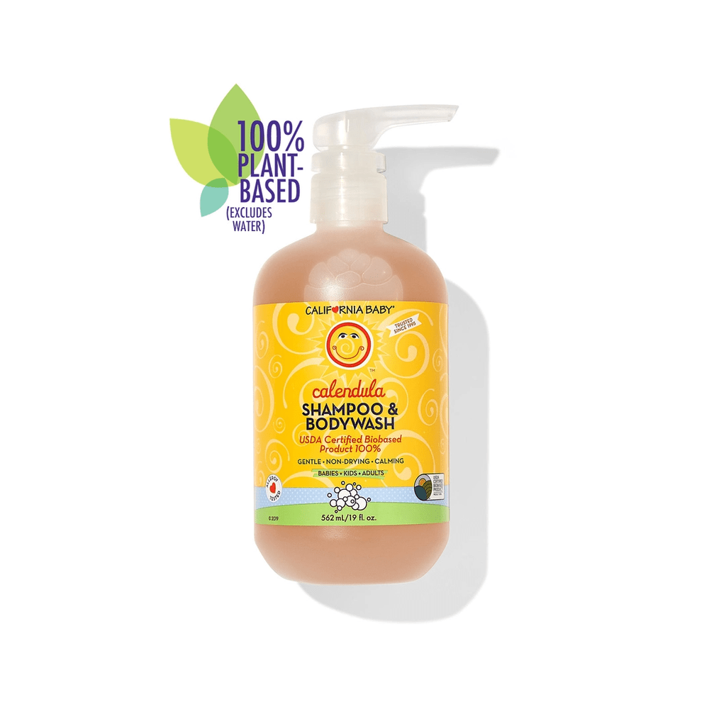 California Baby Calendula Shampoo & Bodywash bottle with pump, orange 100% plant-based formula, 562 mL.