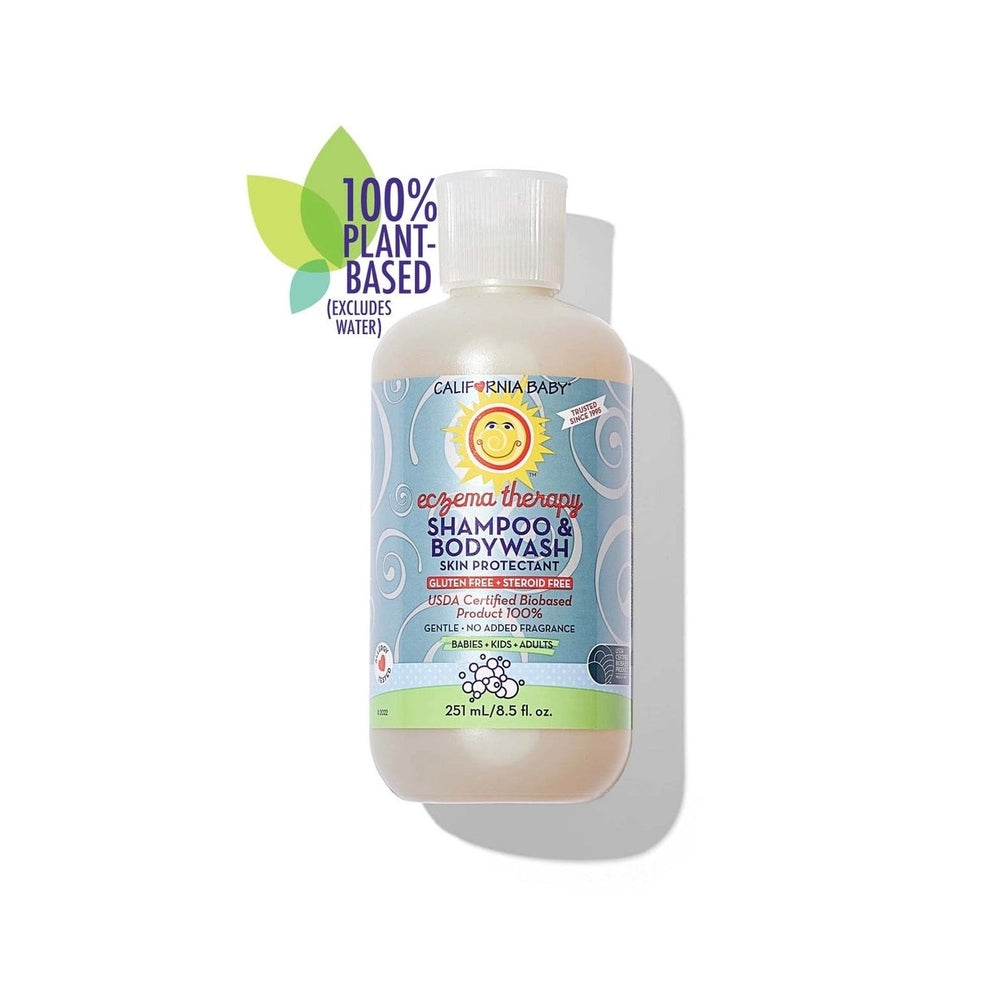 California Baby Eczema Therapy Shampoo & Bodywash bottle with 100% plant-based badge, standing upright on a surface.