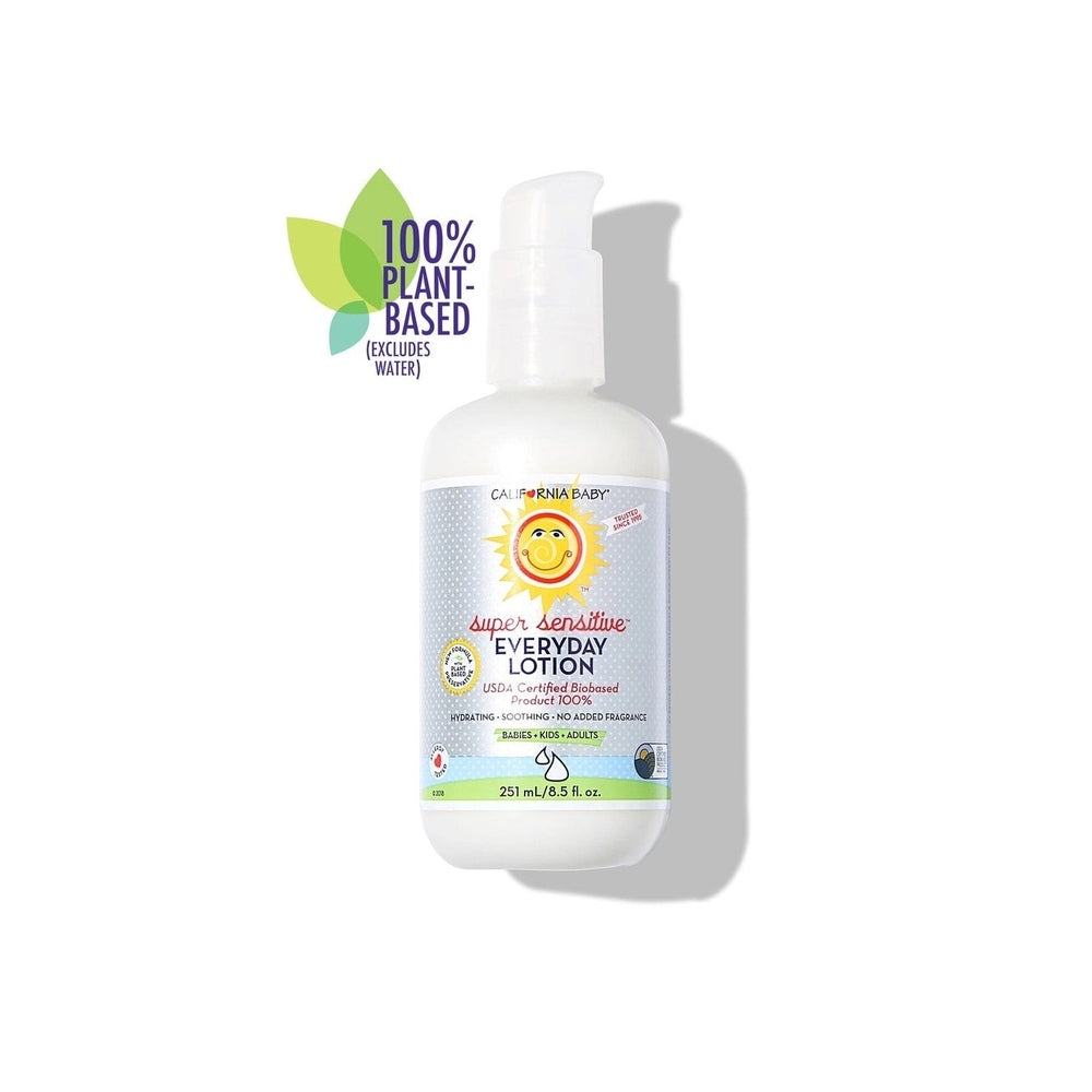 California Baby Super Sensitive Everyday Lotion (No Fragrance), 251 mL bottle ready to dispense fragrance-free plant-based moisturizer.