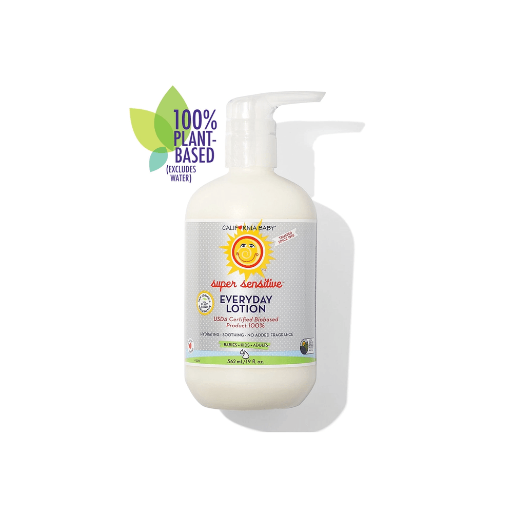 California Baby Super Sensitive Everyday Lotion fragrance-free dispensed from a pump bottle, 562 ml, plant-based.