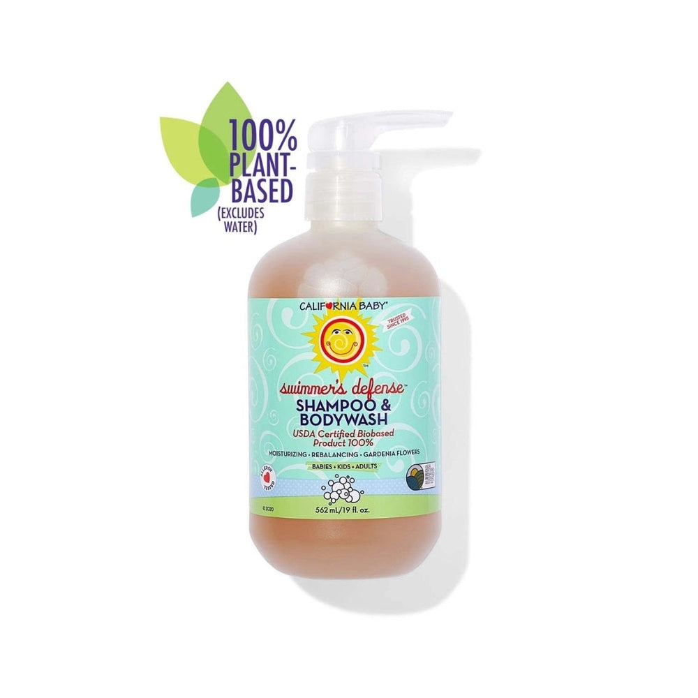 California Baby Swimmer's Defense Shampoo & Bodywash bottle, 100% plant-based, peach liquid