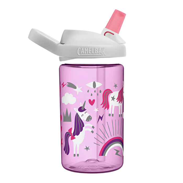 CamelBak Eddy Kids Bottle 400 ml Unicorn Party, pink translucent bottle with unicorn graphics and pink cap