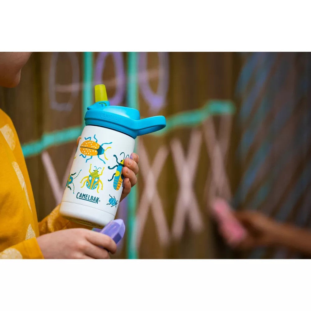 CamelBak Eddy Kids Water Bottle, 350 ml, white with blue-yellow bug design and blue lid